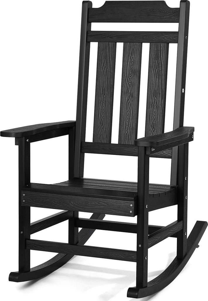 A black rocking chair is shown against a white background.