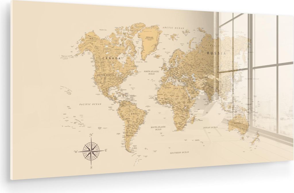 MuchoWow Glasbilder - Bilder auf Wandbild - Foto auf Glas Weltkarte - Realistisch - Beige 120x60 cm Wanddekoration aus Glas - Acrylglasbild - Acryl...