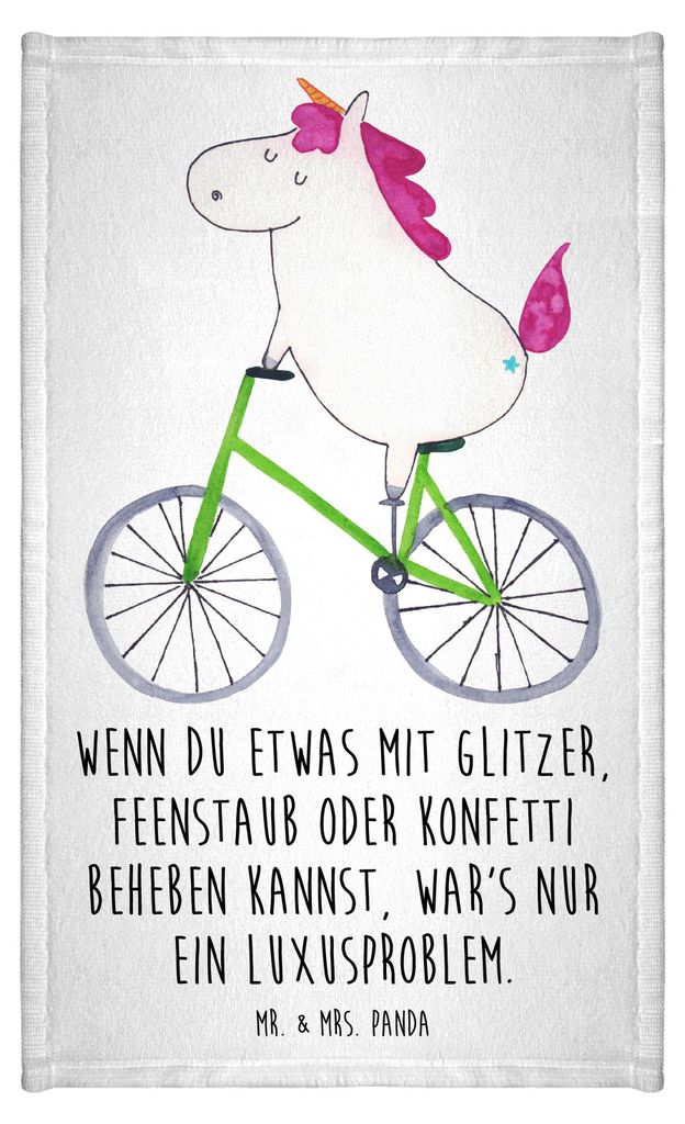 Mr. & Mrs. Panda Handtuch Einhorn Radfahrer - Weiß - Geschenk, Unicorn, Gästehandtuch 30x50, Frotteehandtuch, Klein, Radfahren, Kummer, Einhörne...