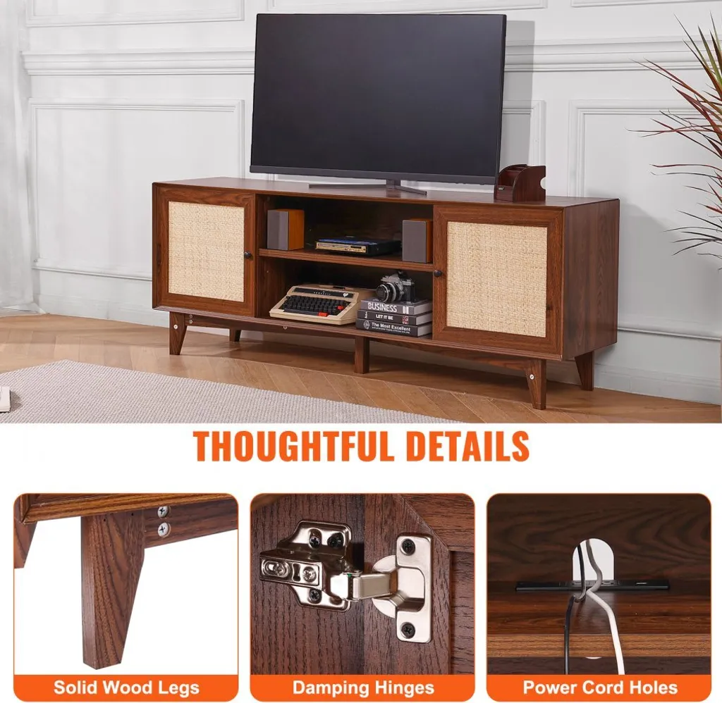 Support TV 191 cm noyer et rotin véritable - Meuble TV Boho long format - 6