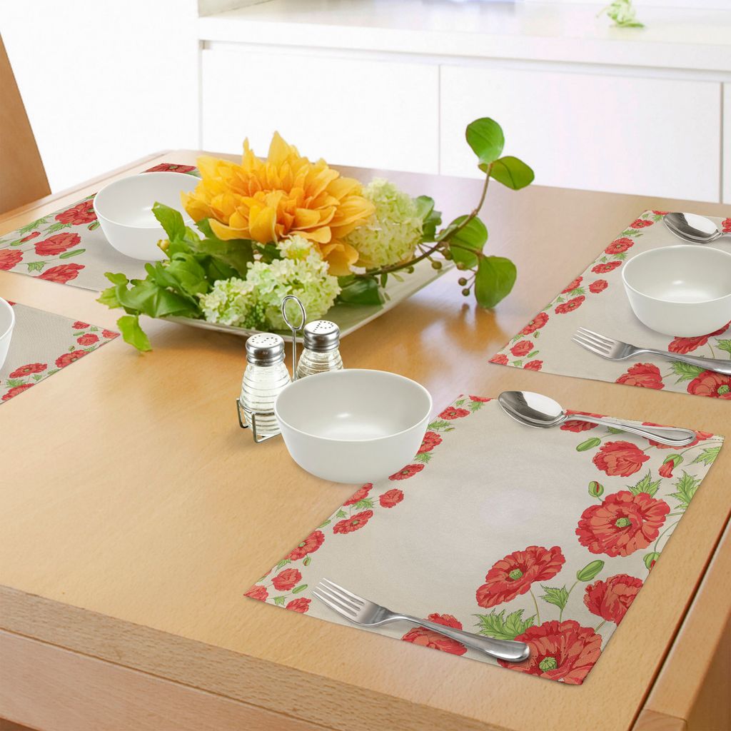 ABAKUHAUS Blumen Platzmatten, Illustration Einer Karte mit Poppy Flowers Floral Arrangement Pattern Artwork, Tiscjdeco aus Farbfesten Stoff für da...