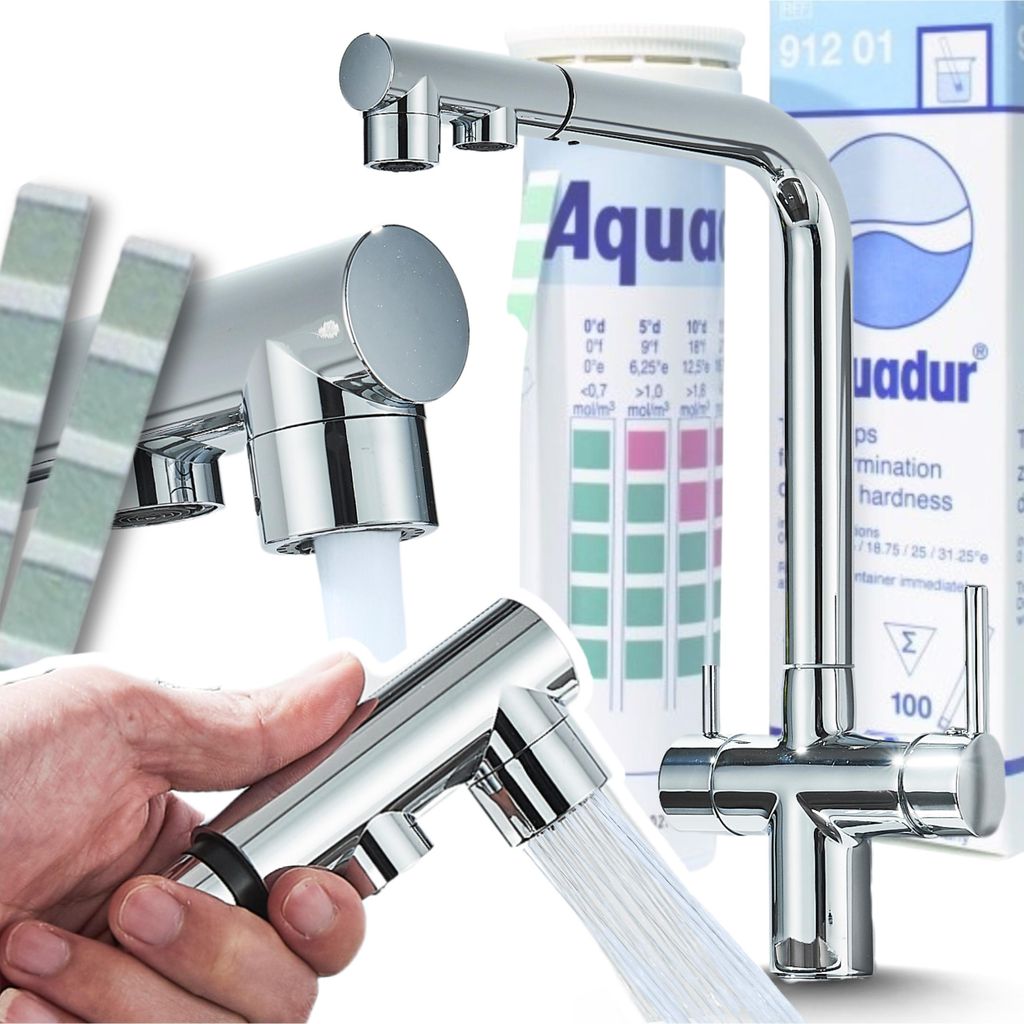 3-Wege Küchenarmatur Venom mit Wasserfilter-Anschluss, herausziehbare Brause, 360° schwenkbar, getrennte Wasserwege, Keramikkartusche Chrom