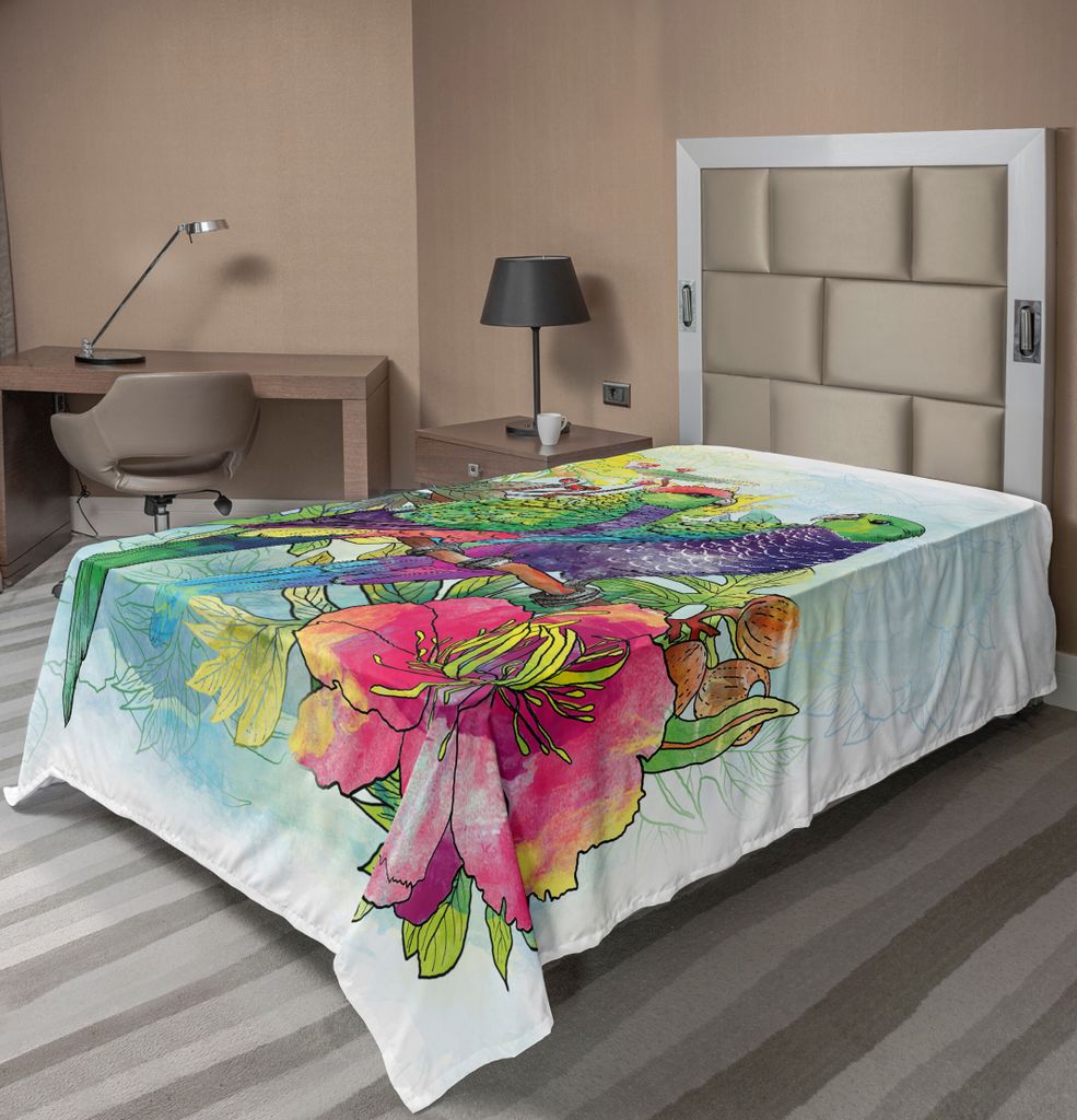 ABAKUHAUS Papagei Bettlaken, Verblaßte Blumen Und Liebes Papageien Botanische Flora Mit Orchideen Wings Boho Art, weiches bequemes oberes Bettlake...