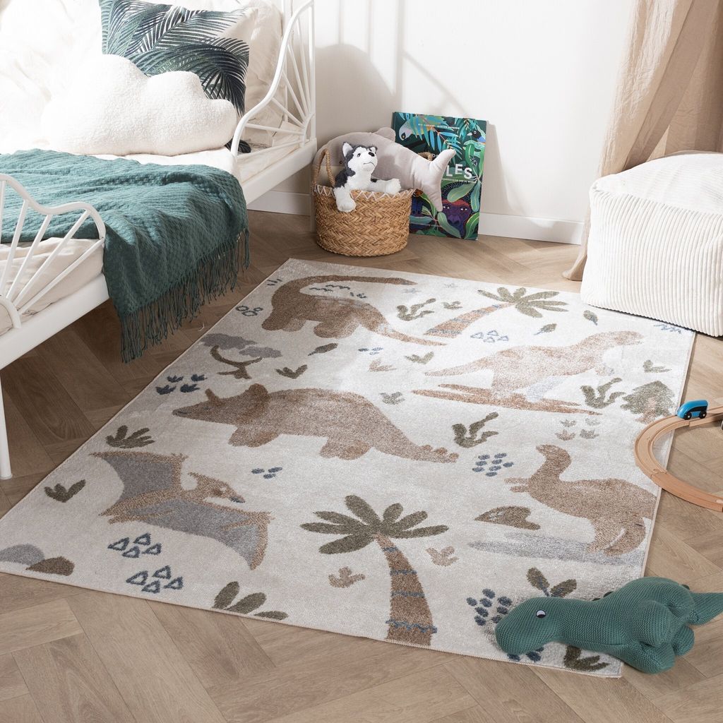 Volero - Waschbarer Kinderteppich - Mace Dino Creme - 80x150 cm - Kinderzimmer, Babyzimmer