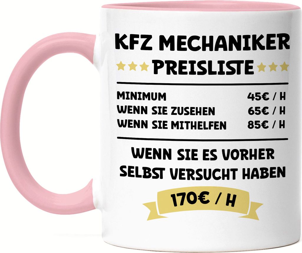 KFZ Mechaniker Preisliste Tasse Rosa Schwarz Beruf Arbeit Job Autos Autohaus Technik Werkstatt Werkzeug Auto