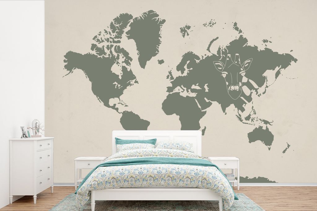 MuchoWow Fototapete für Wohnzimmer oder Schlafzimmer Wandtapete Vinyl Motivtapete Weltkarte - Tiere - Giraffe - 330x220 cm - Fototapeten