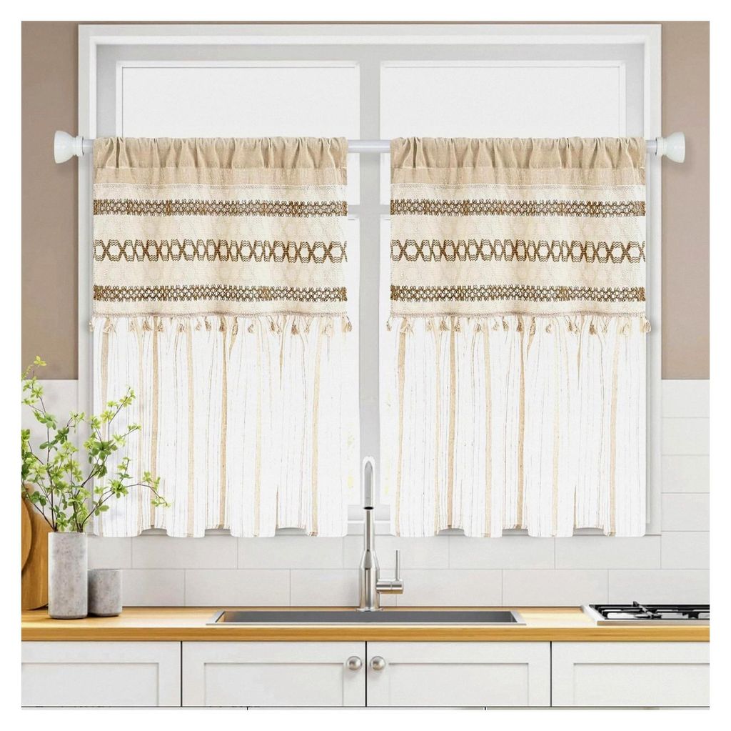 Scheibengardinen 2er Set Beige, Modern Kurz Bistrogardine, Blickdichte Küchengardinen mit Leinen und Gaze, Landhausstil Fenstergardinen, Kurzgardi...