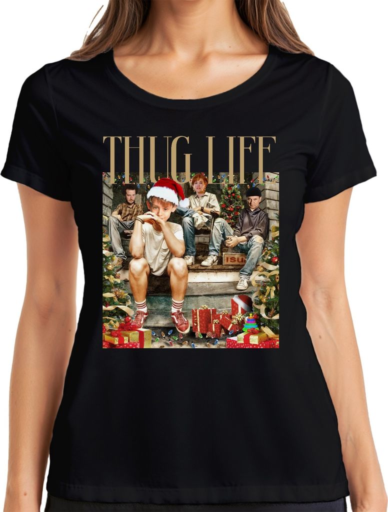 Thug Life Kevin Allein Zuhause Gangster Marv Harry Kate - Weihnachten Christmas Xmas Damen T-Shirt, Schwarz, M