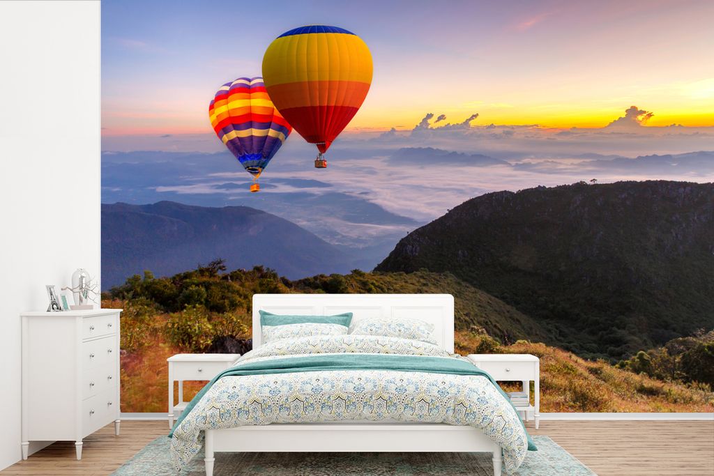 MuchoWow Fototapete für Wohnzimmer oder Schlafzimmer Wandtapete Vinyl Motivtapete Heißluftballon - Berg - Thailand - 330x220 cm - Fototapeten