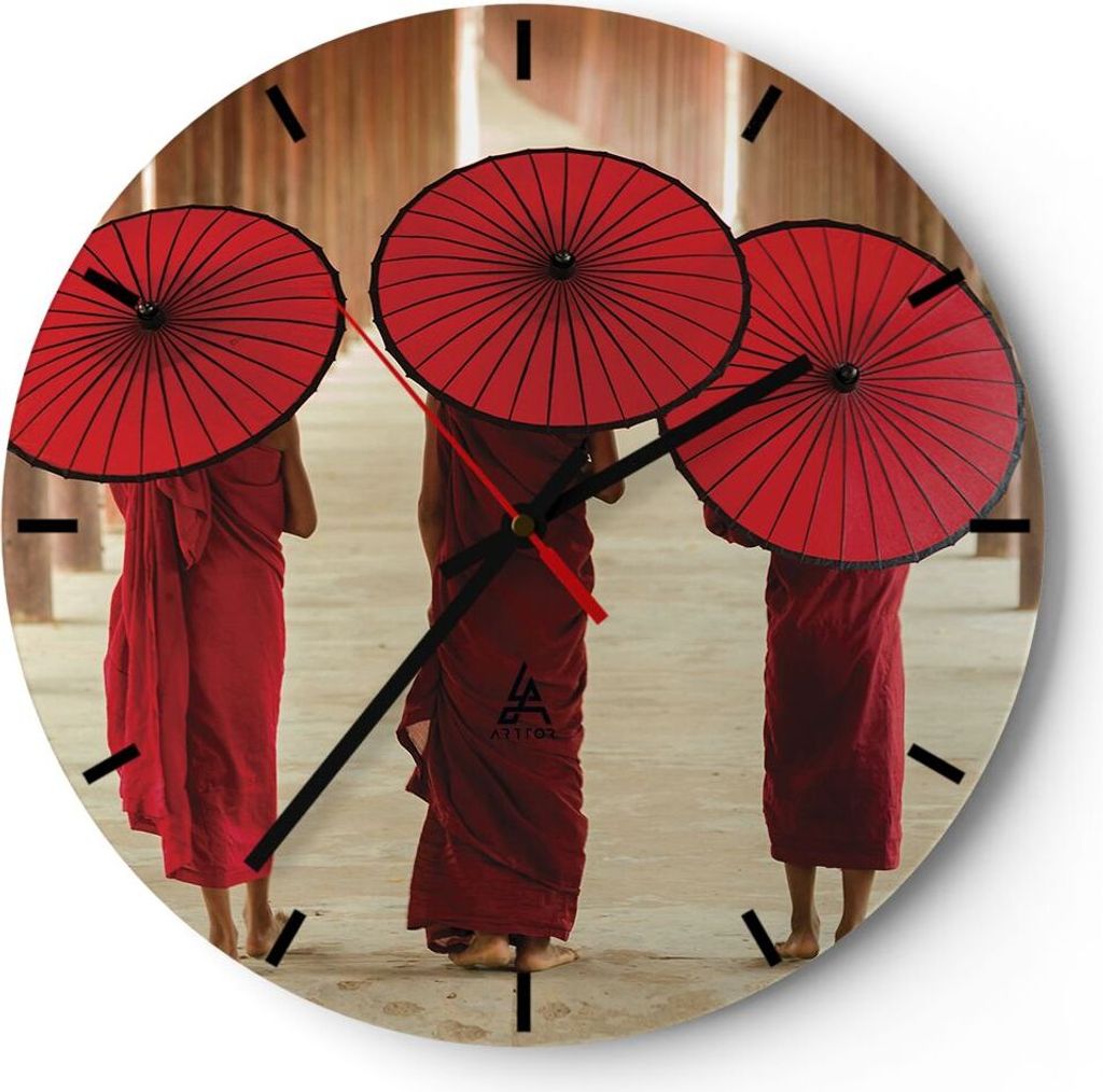 Wanduhr - Rund - Glasuhr - Bhutan Regenschirm Rot - 30x30cm - Schleichendes Uhrwerk - Lautlos - zum Aufhängen bereit - Dekoration Modern - Wanddek...