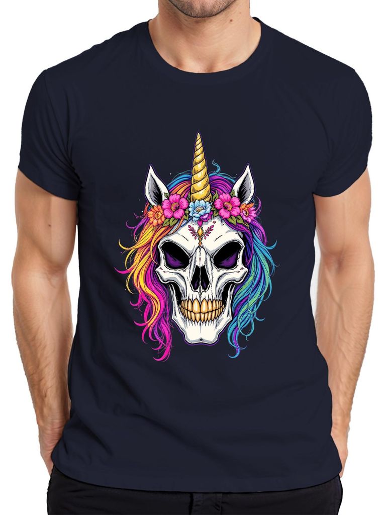 Einhorn Totenkopf bunte Mähne Blumenkranz Horn Gothic Halloween Herren T-Shirt, Navy, M
