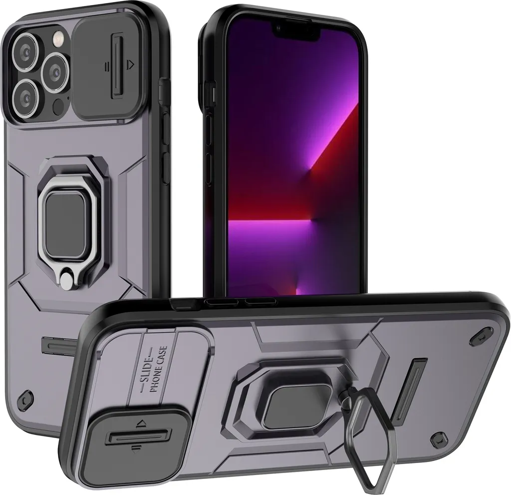 Cover iPhone 13 Pro Max con Supporto Anello e Slide Camera Viola