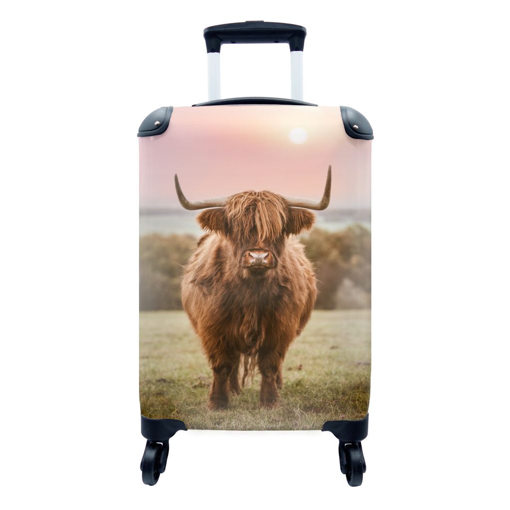 MuchoWow Koffer Handgepäck Trolley Rollkoffer Kleine Reisekoffer mit 4 Rollen - Sonnenuntergang - Tier - Schottischer Highlander - Cabin Size < ...
