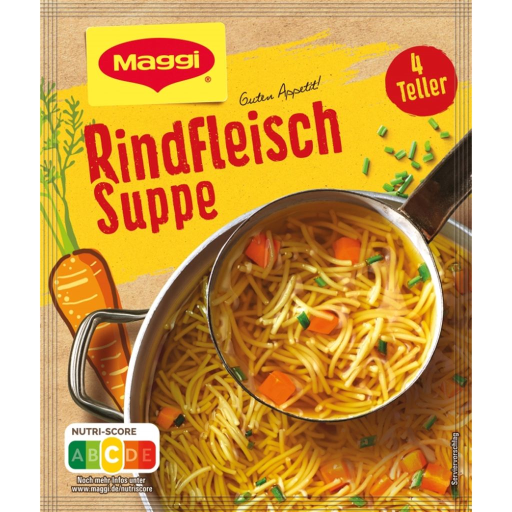 A package of Maggi Rindfleisch Suppe (beef soup) with a close-up view of the prepared soup in a pot.