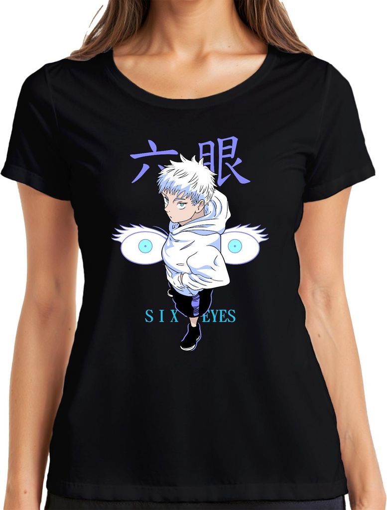 SIX EYES Anime Ästhetik Junge weiße Haare Manga Otaku Geschenk Damen T-Shirt, Schwarz, M