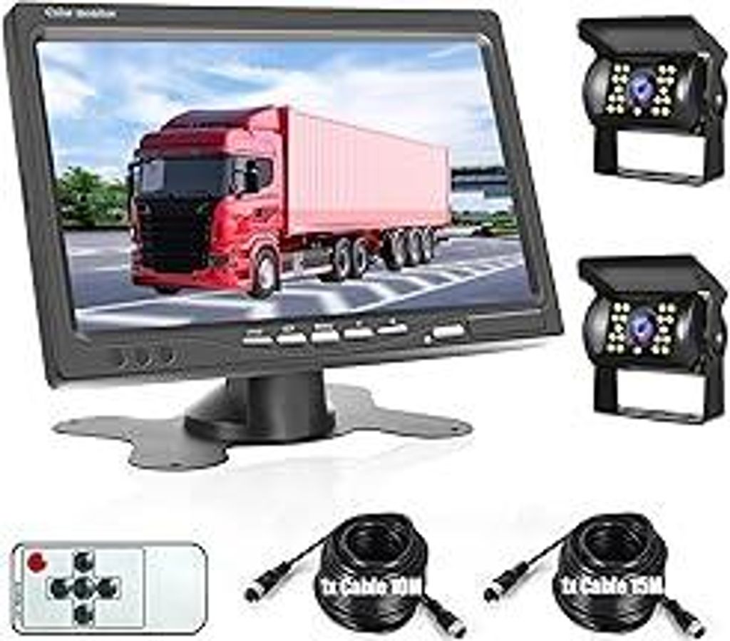 Rückfahrkamera Set mit 7 Zoll Monitor Fahrzeug 2 Rückfahrkamera,IP68 Wasserdicht,18IR Nachtsicht,Kabel Einparkhilfe für LKW/Anhänger/Bus/Van/La...