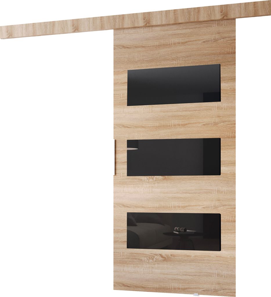 Minio, Schiebetür "CLEAN E", Zimmertür, 86 cm, Sonoma Eiche / Schwarze Farbe
