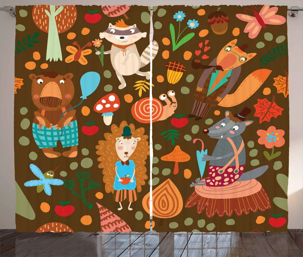 ABAKUHAUS Tenda rustica con ricci, procioni e farfalle, tende universali per soggiorno con passanti e ganci, 280 x 175 cm, multicolore