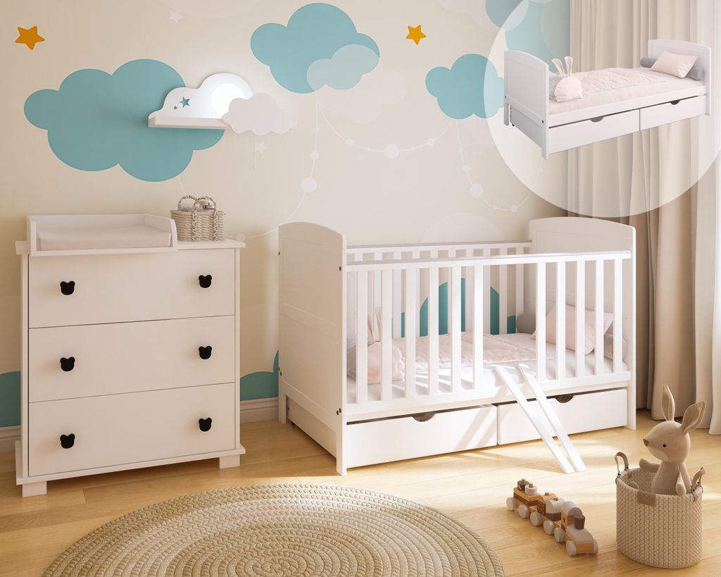 ZEE, Babybett, 2w1 Kinderbett Philip mit Kommode, Wickelaufsatz, 140x70, Weiß