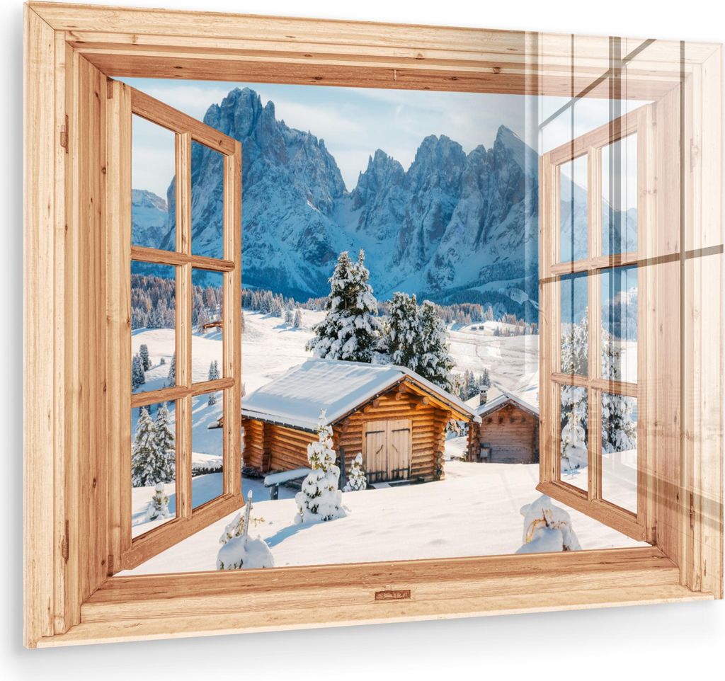 MuchoWow Glasbilder - Bilder auf Wandbild - Foto auf Glas Durchblick - Winterlandschaft - Hütte - Berge - Aussicht 40x30 cm Wanddekoration aus Gla...