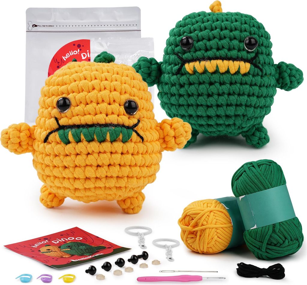 Beginner Dinoo Crochet Kit – Komplettes Amigurumi Starter Set mit Video-Tutorials für Kinder und Anfänger