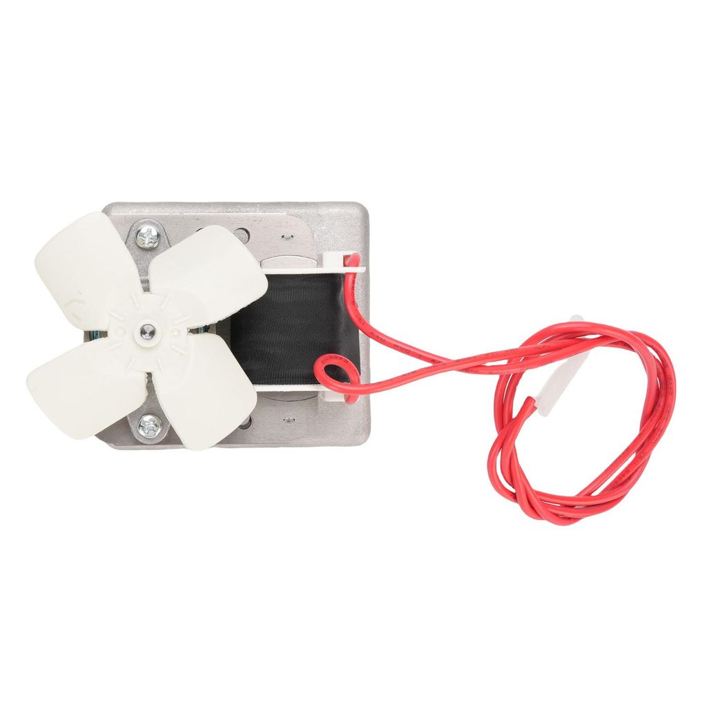 A close-up view of a replacement motor with a fan and red wires, isolated on a white background.