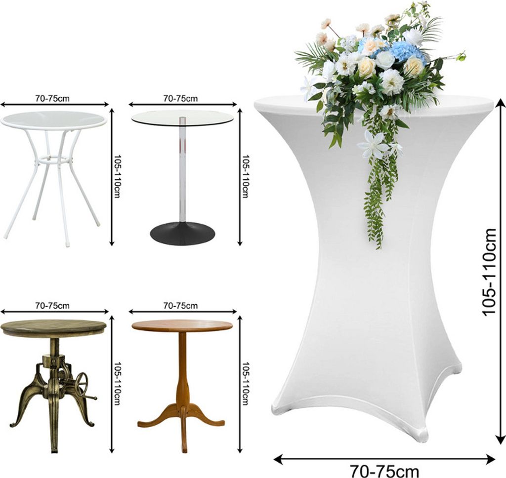 Funda Elástica Poliéster Manteles Elásticos Para Mesas Altas | Juego De 2, Redondos, Blanco | Diámetro 60-65 Cm, Altura 110 Cm | Para Bodas Y Fiestas Fundas Mesa Alta