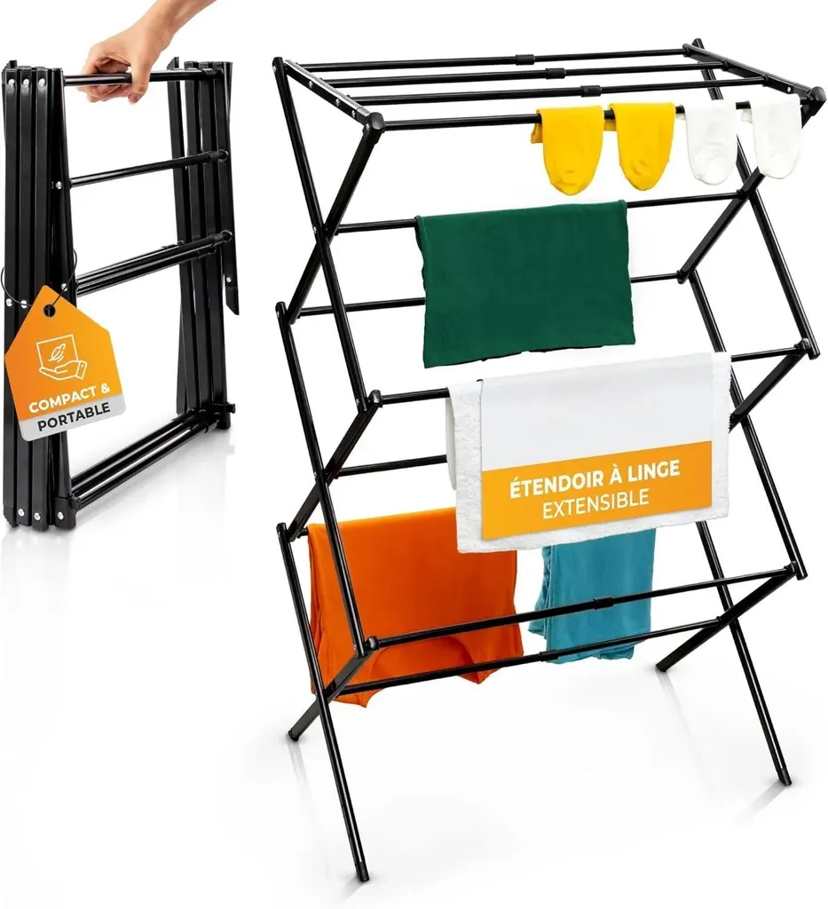 Séchoir à linge 3 niveaux en acier inox noir, pliable et extensible