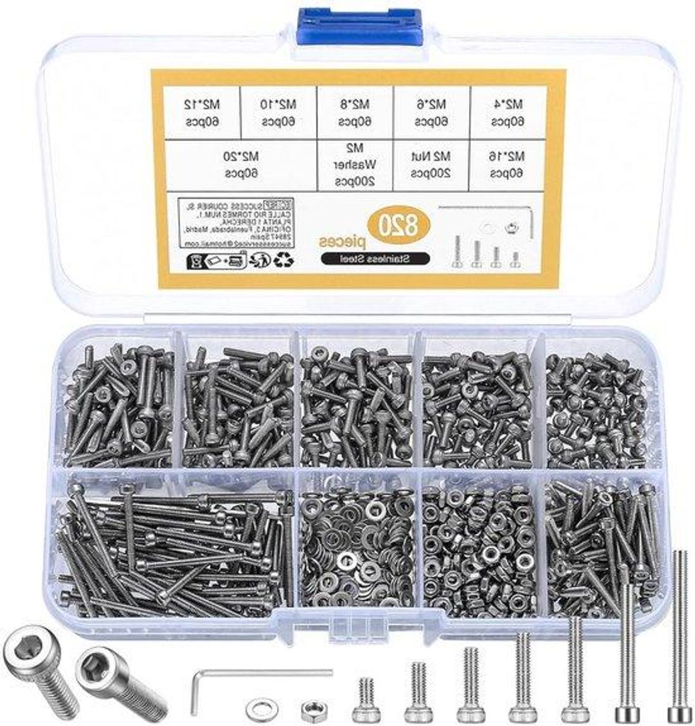 Premium Assortiment 820 Stück M2 Zentralschrauben aus Edelstahl 304 mit Schrauben, Schraubendrehteilen und Schraubendrehteil.