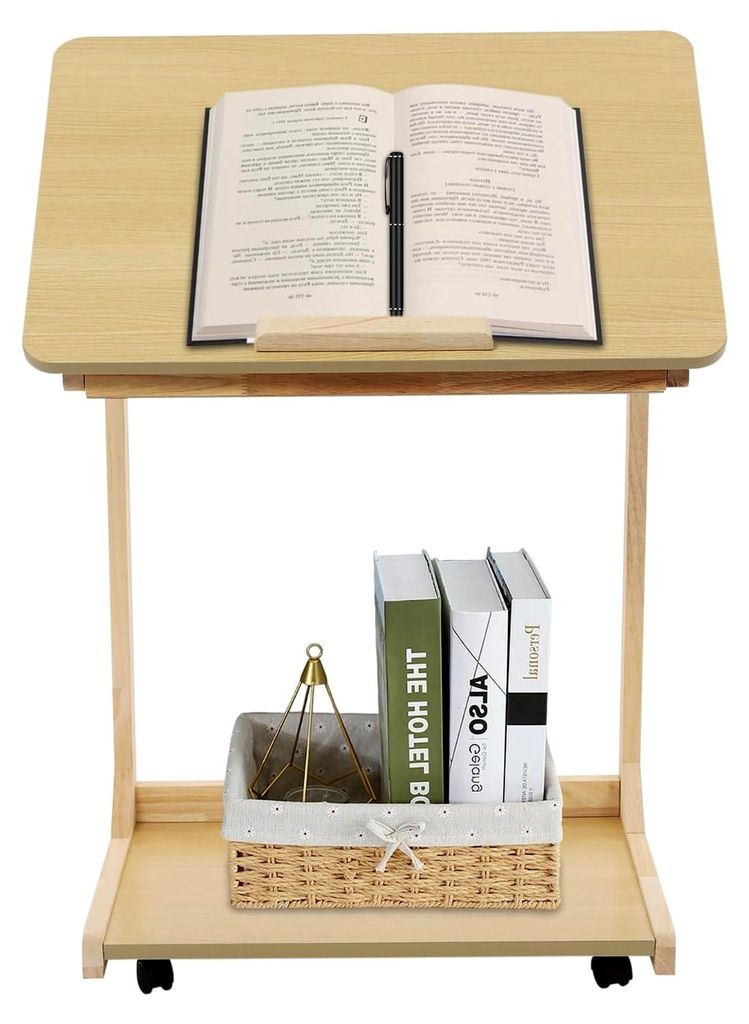 C-förmiger Beistelltisch aus Holz mit Rollen, mobiler Kaffeetisch, verstellbarer Winkel 0-40°, Laptoptisch, kleiner Tisch für Couch, Sofa und Be...