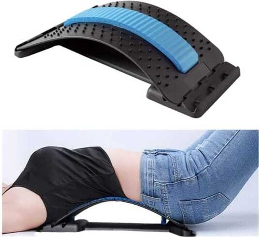 A collage showing a back stretcher device and a person using it.