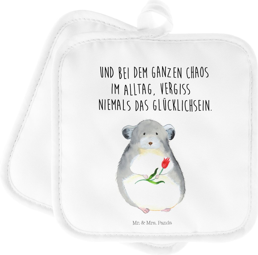 Mr. & Mrs. Panda Topfuntersetzer Chinchilla Blume - Weiß - Geschenk, Topflappen Set, Kummer, topfhalter, Topflappenset, Büro, Chaos, Lustige Spr...