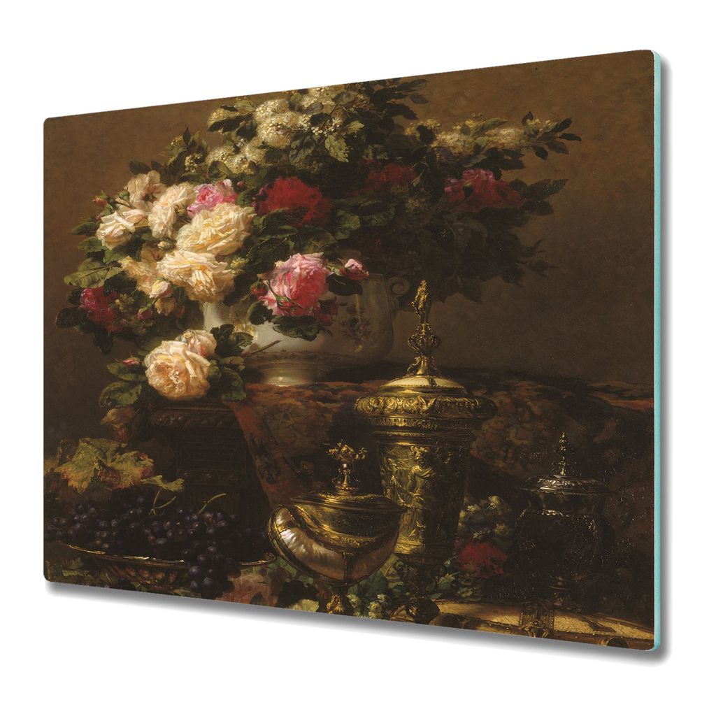Küchenteller - Schneidebrett Glas - Deckel für Herd - 60x52 - Vase der Blumen Ölgemälde