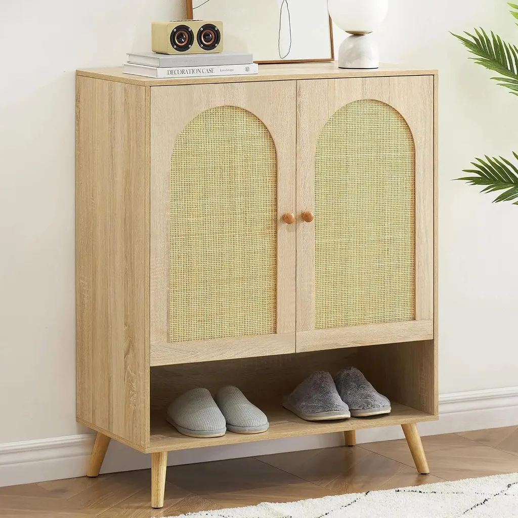 Rangement chaussures pour entrée étroite - Chêne et rotin naturel