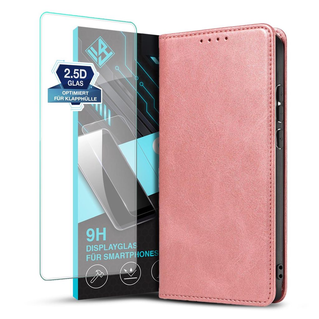Handyhülle für Huawei P20 Pro mit 9H Displayglas Kunstleder Flip Cover Hülle Handytasche Case Kartenfach Farbe: Rosa