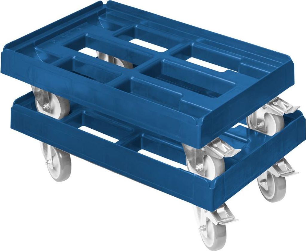Transportroller Für Kisten 80x60 Cm – 400 Kg Traglast, 2 Bock- + 2 Lenkrollen Mit Bremse, Gummirollen, Blau Transportroller 80x60cm