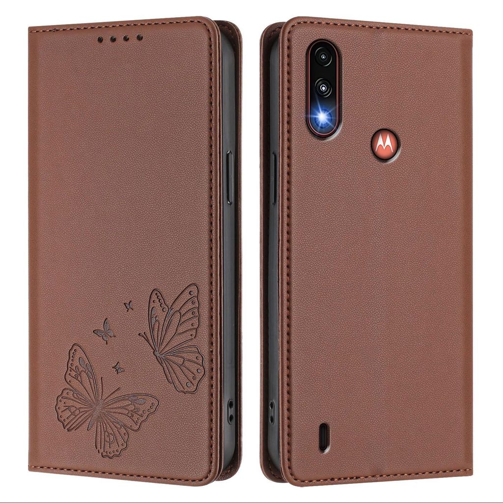 Lederhülle für Motorola Moto E7 Power, Schmetterling Prägung Leder Brieftasche Schutzhülle mit Ständer Braun