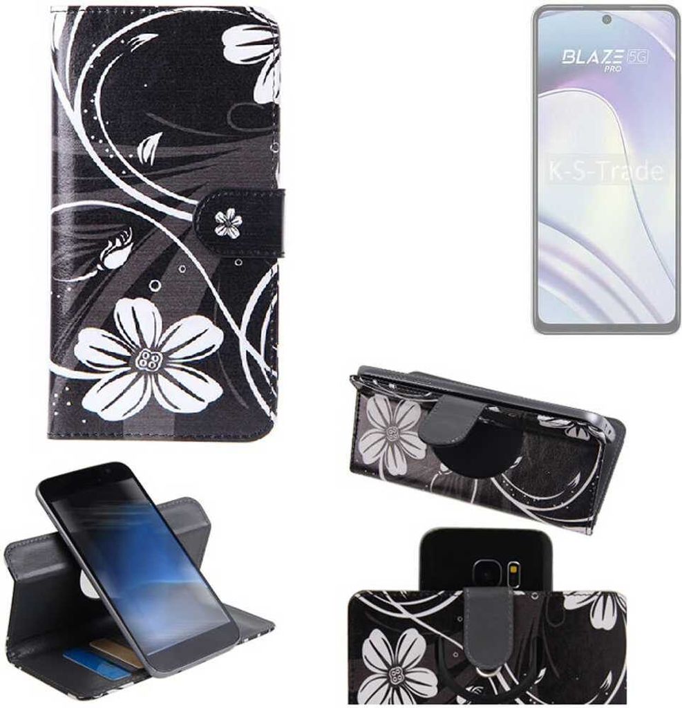 K-S-Trade Schutzhülle Handyhülle kompatibel mit Lava Blaze Pro 5G Hülle 360° Wallet Case “Flowers“ Klapphülle Hülle schwarz-weiß 1x