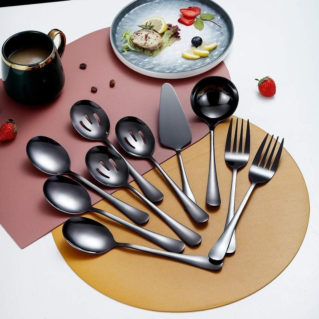 Schwarzes 10-teiliges Servierbesteck, Besteckset, rostfreies Serviergeschirr-Set, einschließlich Schöpfkelle mit Löchern, Schöpfkelle, Tortenhe...