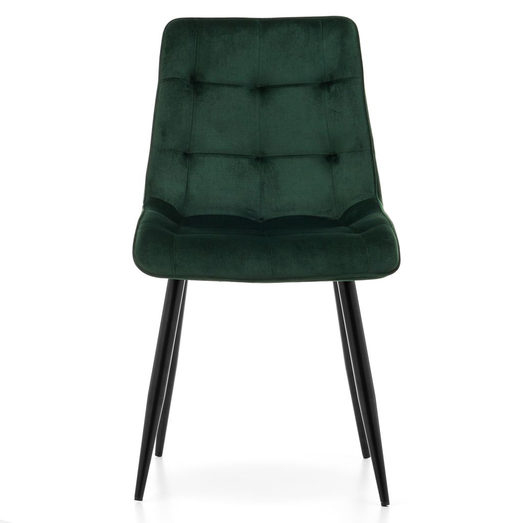 A green upholstered dining chair with tufted detailing and black metal legs, shown from the front on a white background.