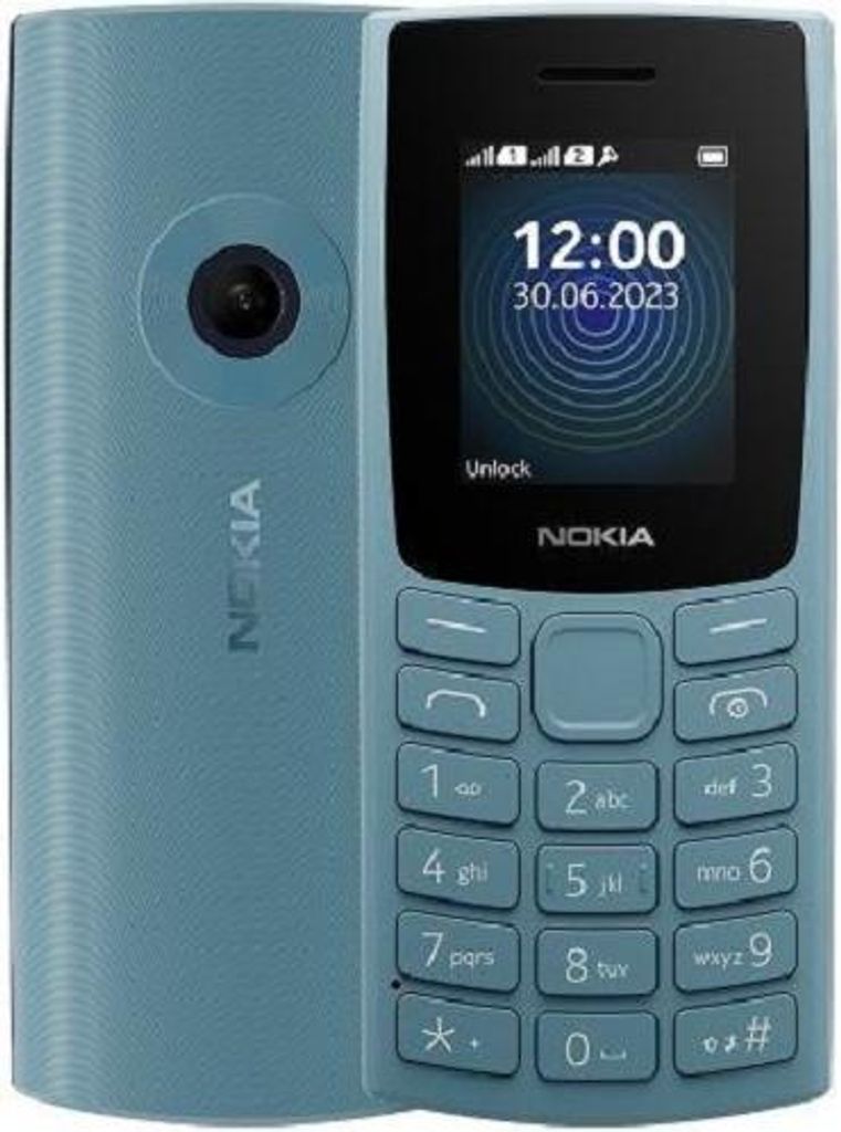 A blue Nokia feature phone is shown from the front and side.