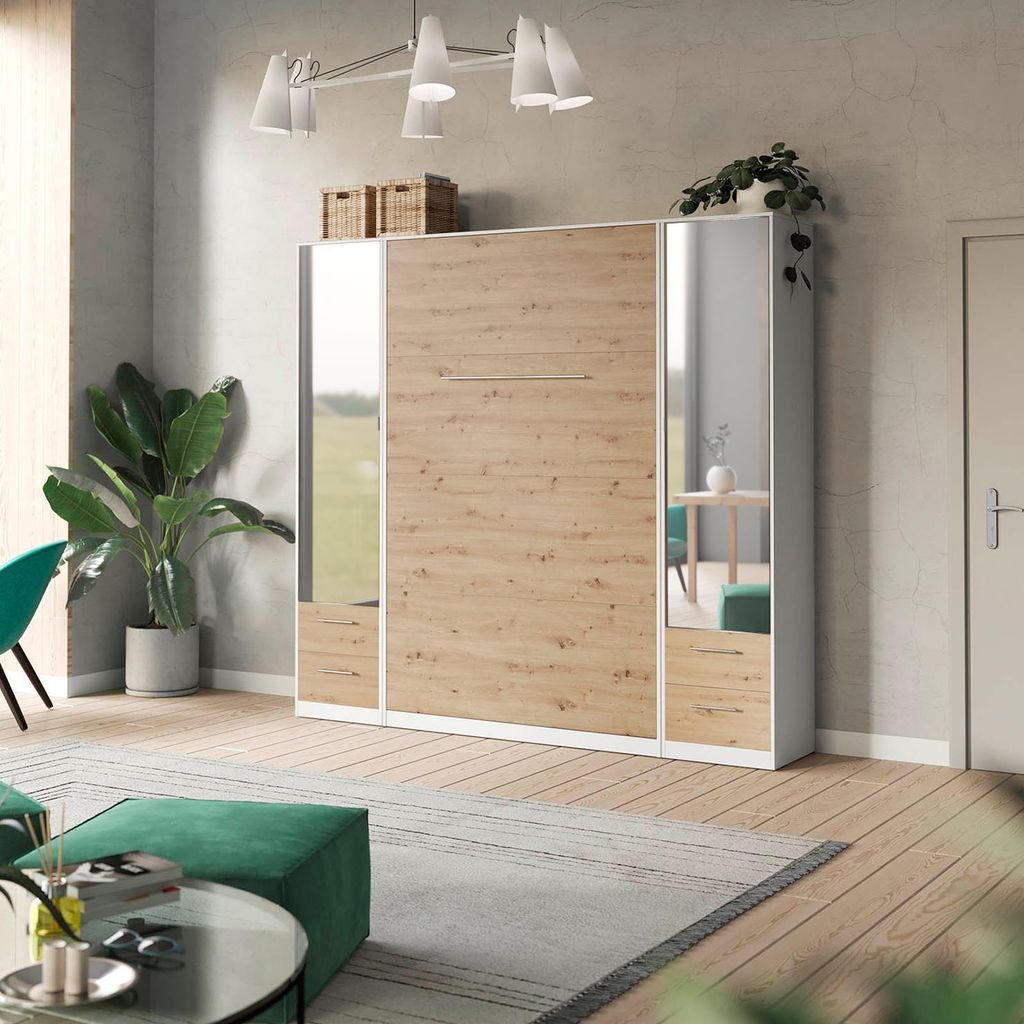 SMARTBett Spiegelschrank Kleiderschrank mit Spiegeltür 50cm Weiss/Wildeiche