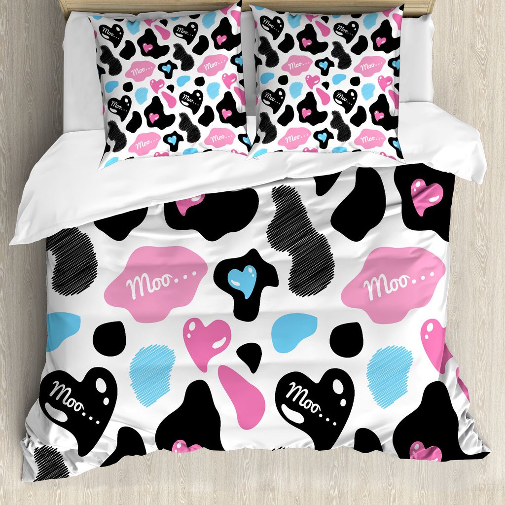 ABAKUHAUS Kuh-Druck Bettbezug, Kuhfell Herz, Milbensicher Allergiker geeignet mit Kissenbezügen, 200 cm x 200 cm - 80 x 80 cm, Pale Pink Schwarz W...