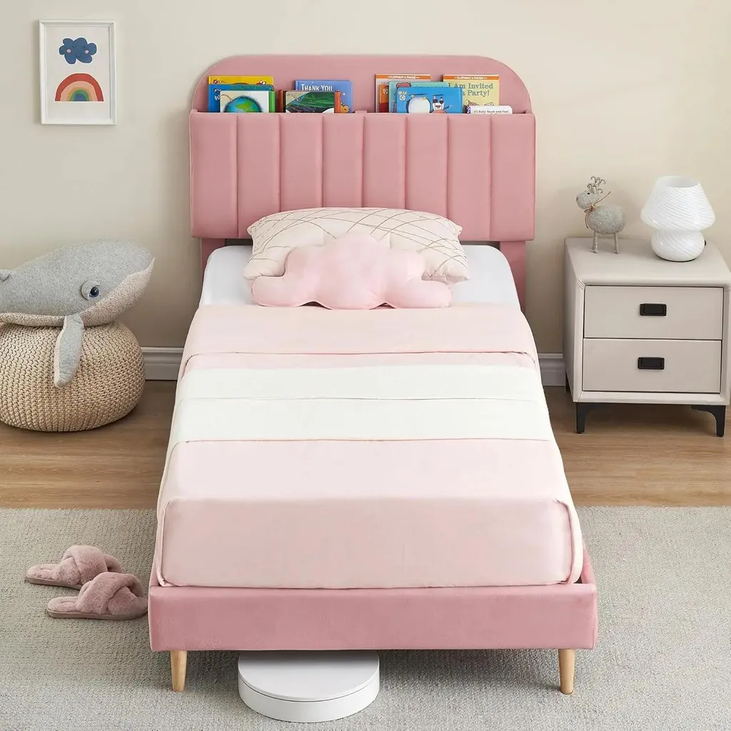 Lit plateforme enfant en velours 100x200 cm avec étagères de chevet