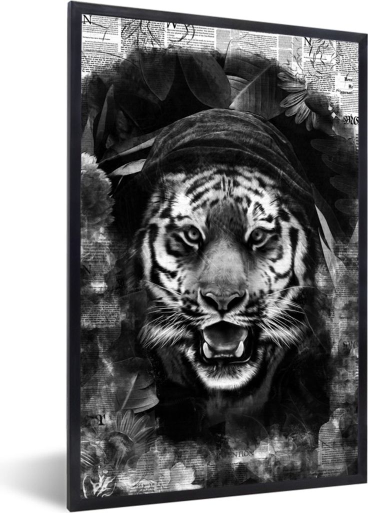 MuchoWow Gerahmtes Poster Tiger mit einer Kapuze auf einem Hintergrund von Zeitungen - schwarz und weiß 20x30 cm - Poster mit Schwarzem Bilderra...