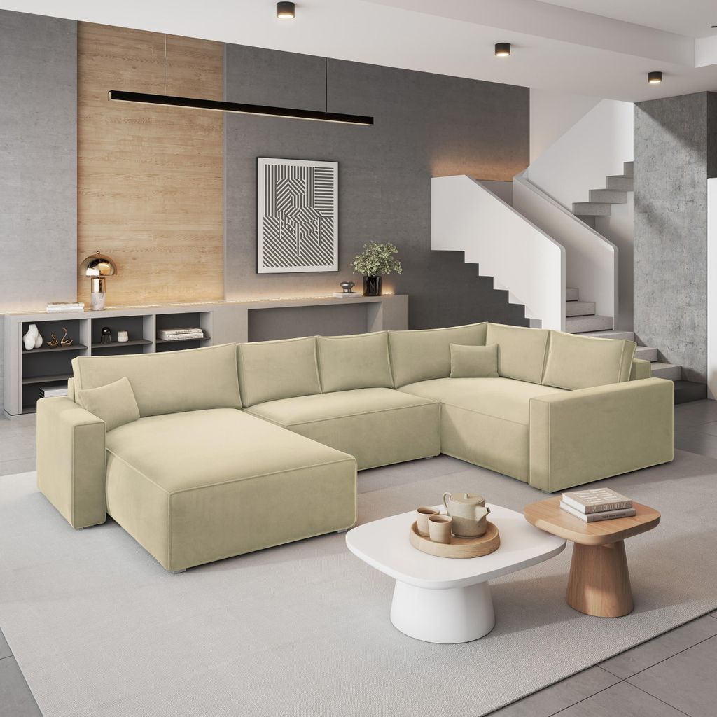 Masseno Ecksofa VELAMI R-S mit Schlaffunktion U-Form, Sofa mit Bettkasten, Wohnzimmersofa, Couch, Soffa, Bettsofa, Couchgarnitur- Creme, MONOLITH 04