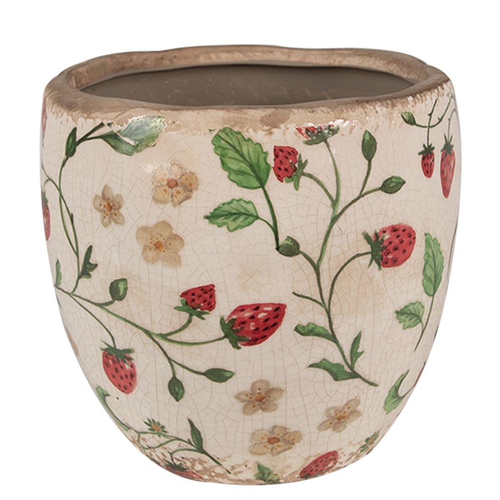 Clayre & Eef Blumentopf Aus Keramik – Erdbeer-Motiv, Beige/rot, Ø 12 Cm, Im Landhausstil
