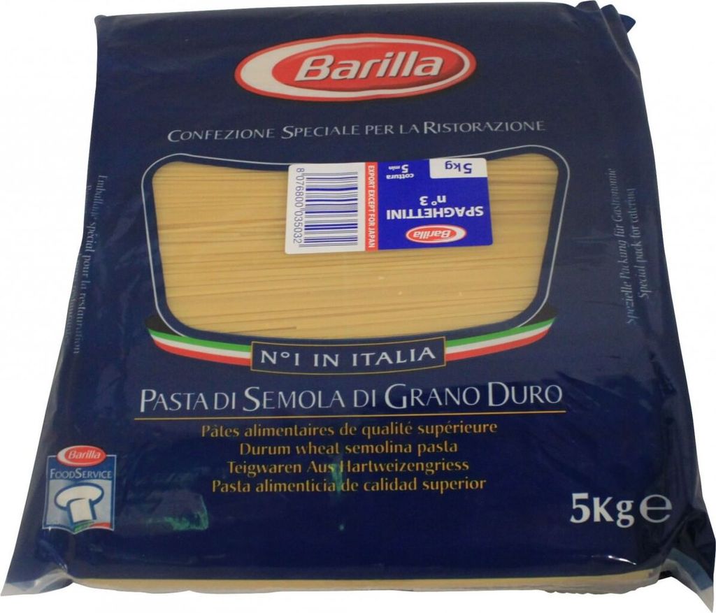 A bag of Barilla Spaghettini pasta.