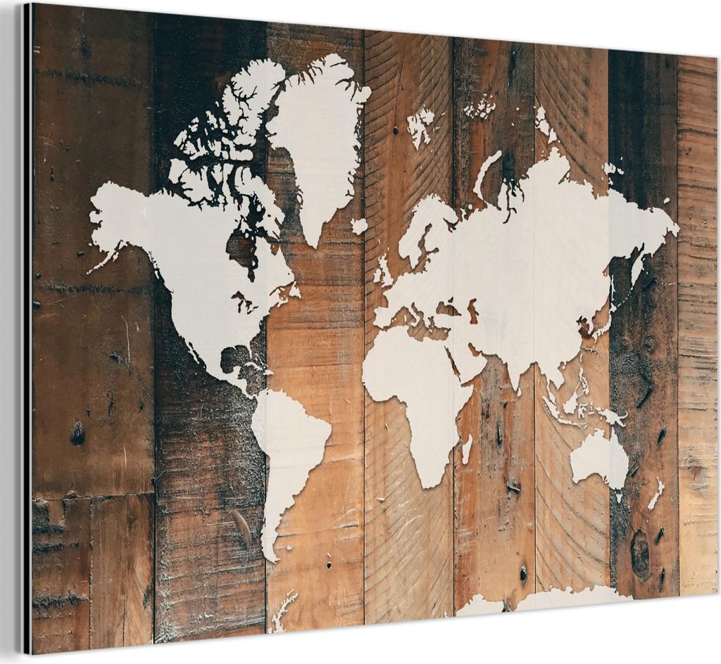 MuchoWow Wanddekoration Metall Metallbild Wandkunst 30x20 cm Weltkarte - Holz - Weiß MuchoWow Aluminium Gemälde - Aluminiumgemälder