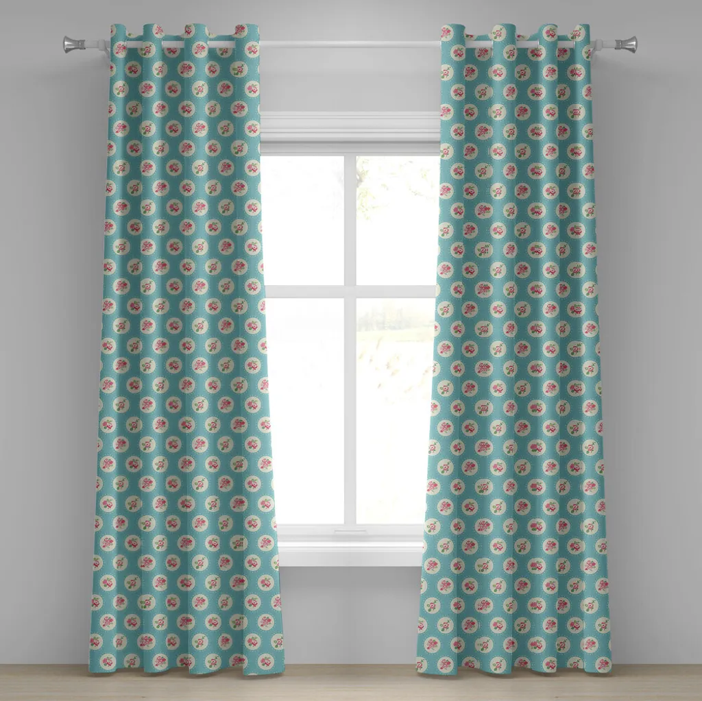 ABAKUHAUS Tenda con occhielli shabby chic, motivo circolare con motivi floreali Natura primaverile in fiore, tende decorative a 2 pannelli, 280 cm x 175 cm, verde mela Azzurro Rosa